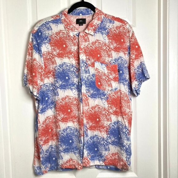 Obey Men's Button Front Collar Shirt Red White Blue Firecracker Size Medium - Picture 1 of 7